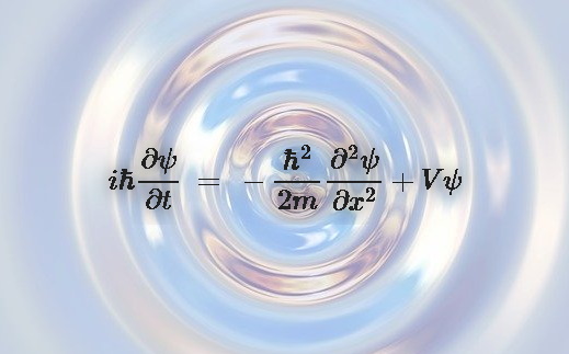 シュレーディンガー方程式。mは粒子の質量、ψは波動関数、Vはポテンシャルエネルギーを記述している。iは虚数。ħはプランク定数hを2πで割った値でディラック定数と呼ばれる。この式は時間tにおける任意の場所xでの量子状態を追跡している