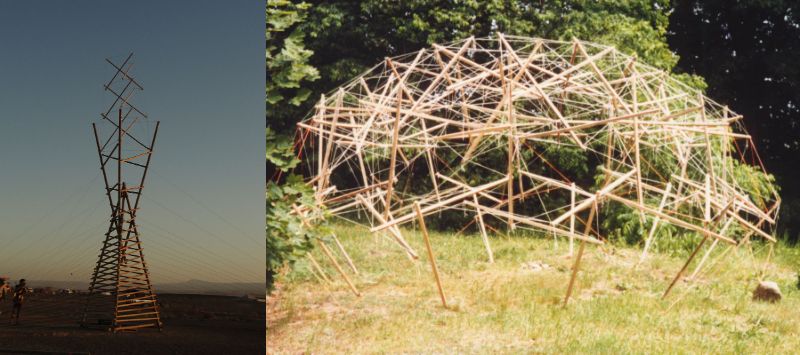 (左)テンセグリティ構造を含むアート彫刻、(右)ナイロン糸と杭で作られたテンセグリティドーム/