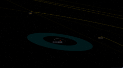 K2-315星系と太陽系の惑星軌道を重ねたイメージ。青色の領域はこの星系のハピタブルゾーン。