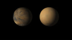 左：砂嵐の前の火星　右：砂嵐のあと（2018年の大接近では砂嵐で表面の模様が見えなくなってしまった）
