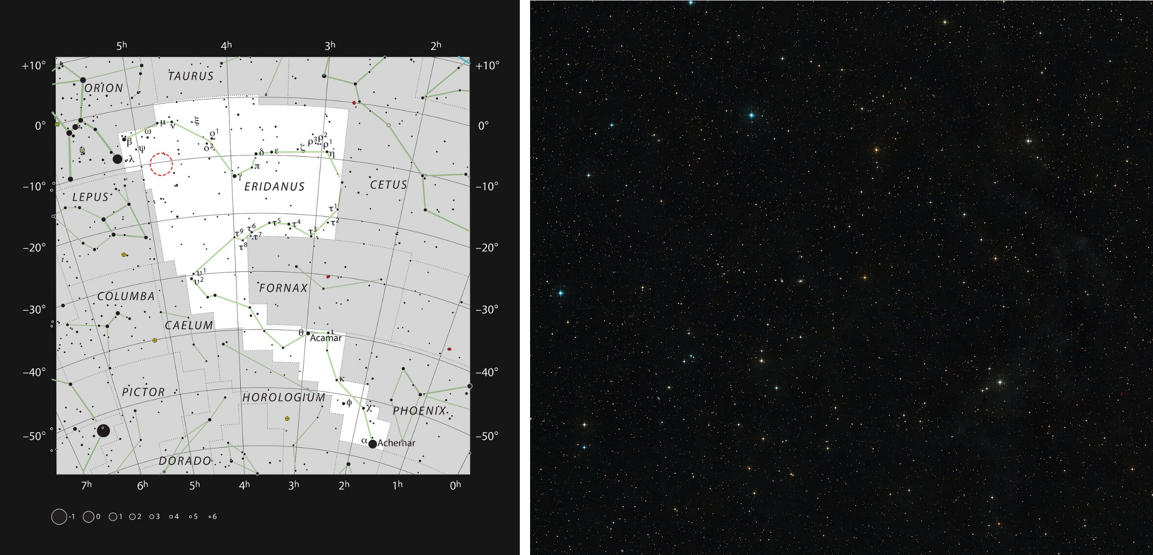 潮汐破壊現象『AT2019qiz』が観測されたエリダヌス座周辺の空。