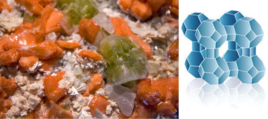 ゼオライトの結晶を含んだ砂のイメージ（左）、今回の研究で発見されたものではない。代表的なゼオライトの骨格構造（右）