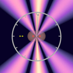 ゼプト秒測定の概略図。光子（黄色点）は、水素原子（赤点）の電子雲（灰色）から電子波を生成し、干渉縞（紫と白）を生み出します。