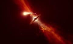 ブラックホールに吸い込まれスパゲッティ化する星のイメージ。