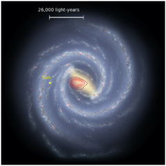 天の川銀河を上から見たときの画像。赤色の領域が発見された化石銀河の範囲。黄色い点は太陽系の位置。