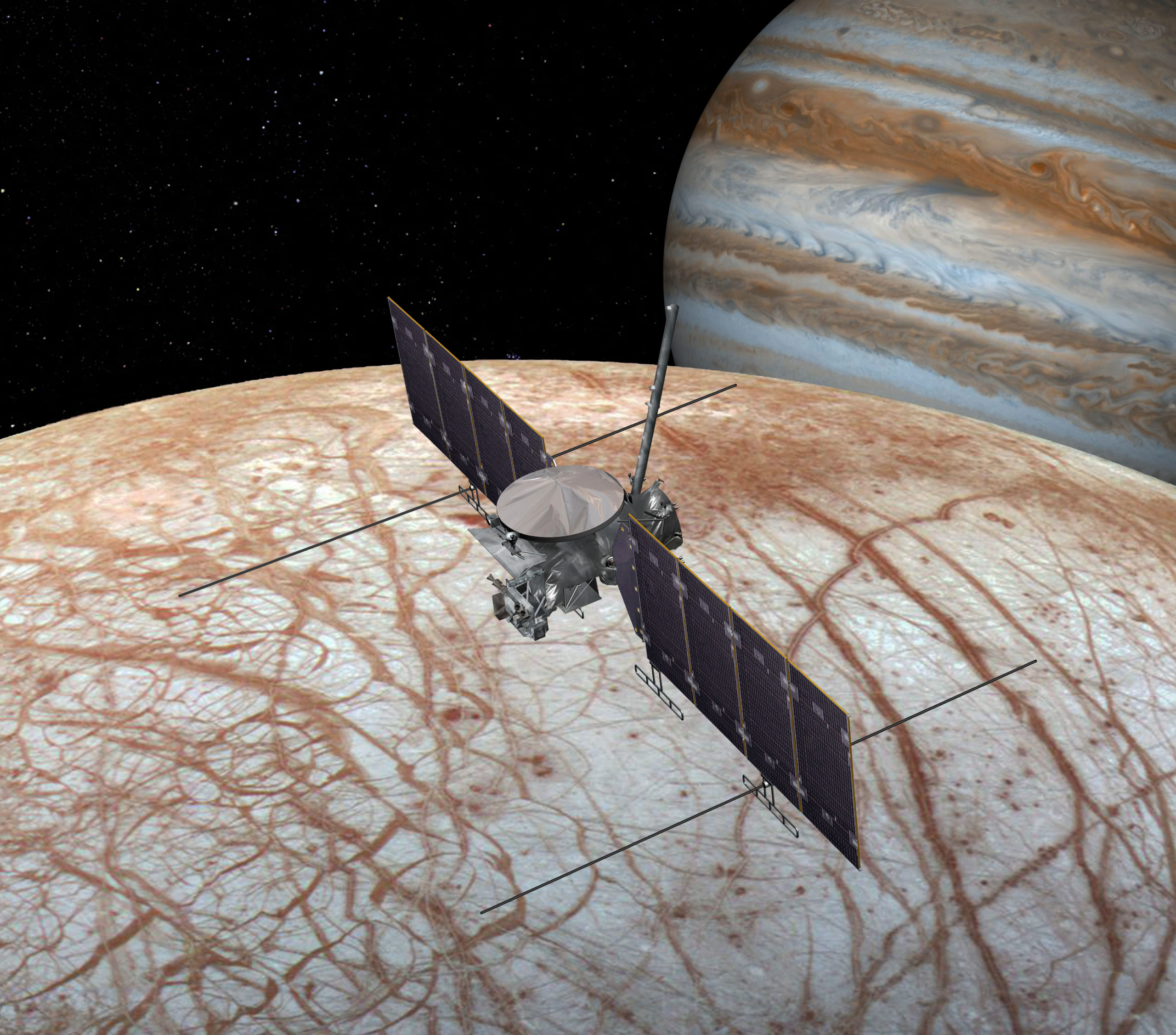 木星衛星エウロパの探査機「エウロパ・クリッパー」のイメージ画像。