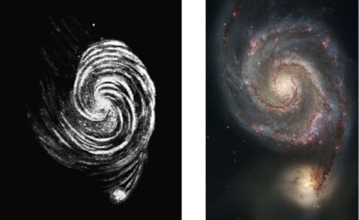 M51子持ち銀河のスケッチとハッブル宇宙望遠鏡写真。