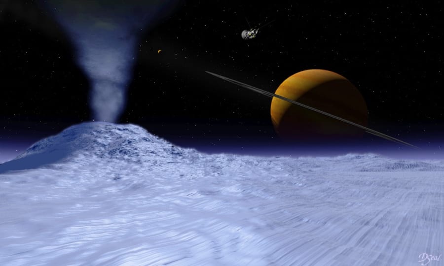 凍りついた土星の衛星エンケラドゥスの地表。