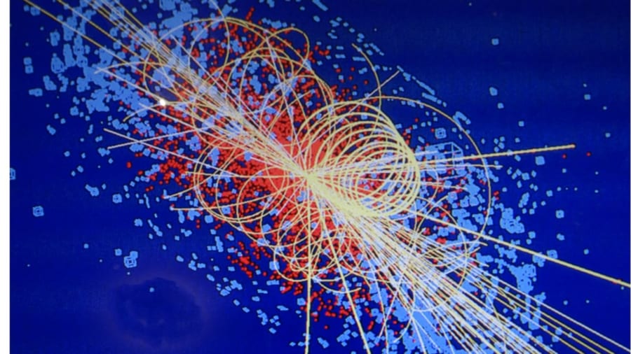 光速に近い速度で衝突した粒子の映像。衝突による影響で空間から素粒子が生成される