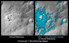 チャンドラヤーン1号による月面鉱物マッピング。水の存在を示す反応が多く見つかっている。