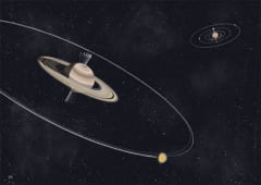 タイタンの移動と土星の傾きを描いたアーティストイメージ。