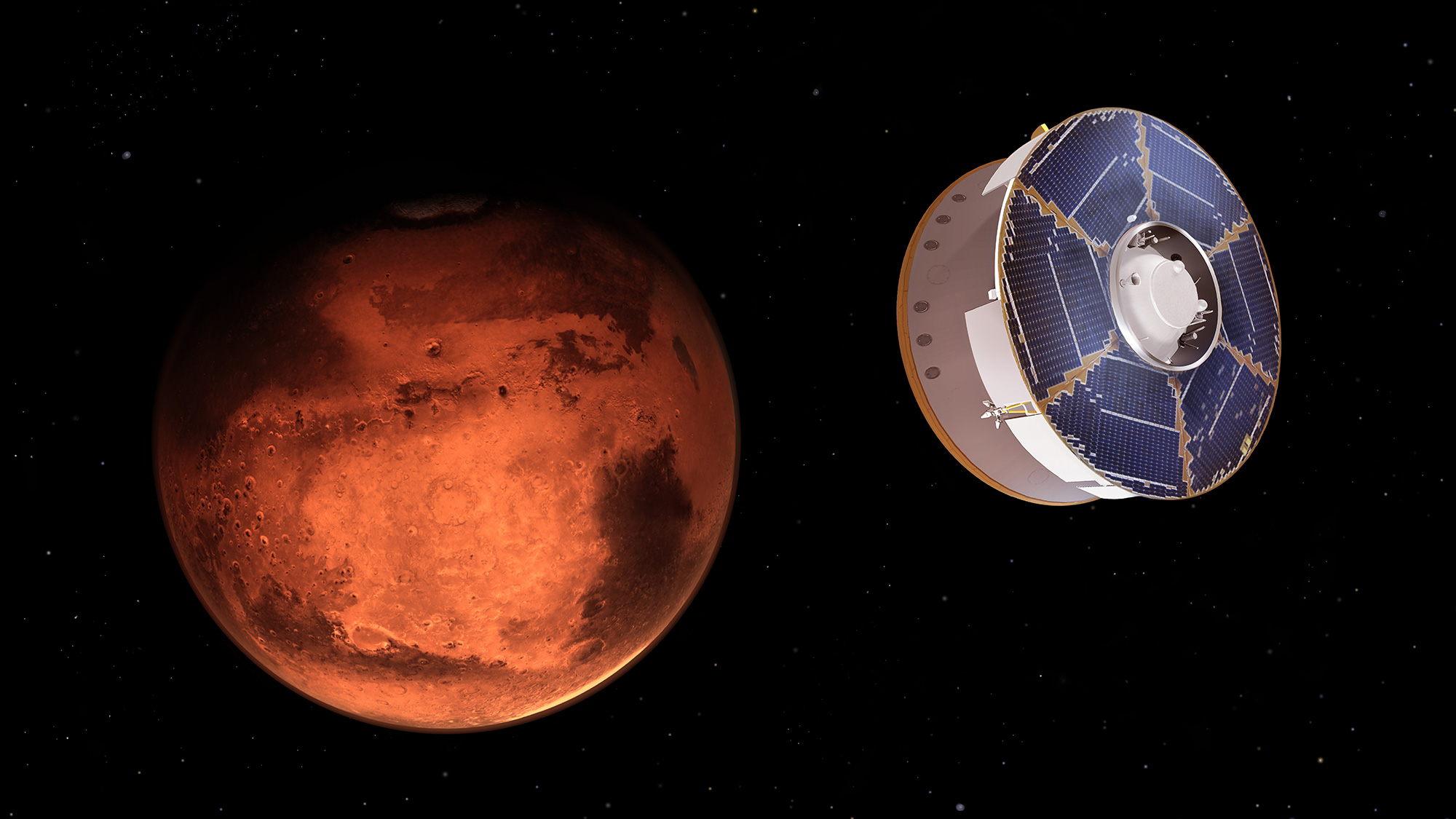 火星の調査に向かう探査機のイメージ画像。