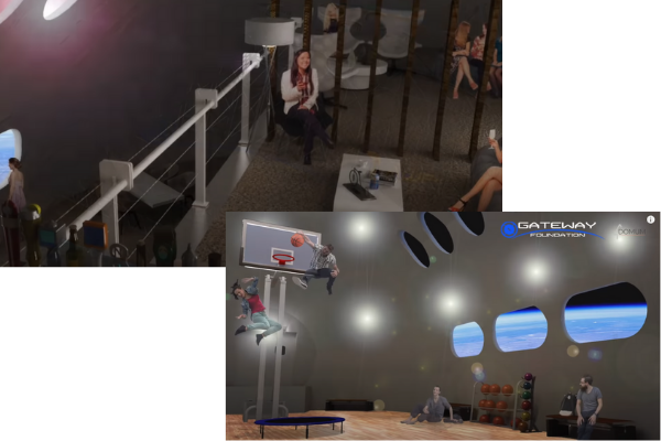 宇宙ホテルではバーも設置され、ジムでは低重力でのバスケットボールも楽しめる。