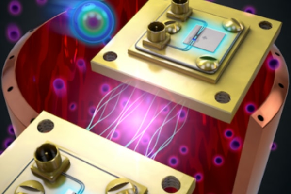 HAYSTAC実験のアーティストイメージ。マイクロ波空洞（金の円柱）がアクシオン（紫の粒子）と共振するよう周波数を調節している。これが電磁界（虹色の円）のノイズを絞ることで信号を強くし、検出速度を向上させる。