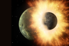 ジャイアントインパクト仮説では、約46億年前、地球に原始惑星テイアが落下し月が誕生したとされる。