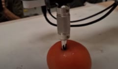 ロボットアームの針がトマトを突き刺す