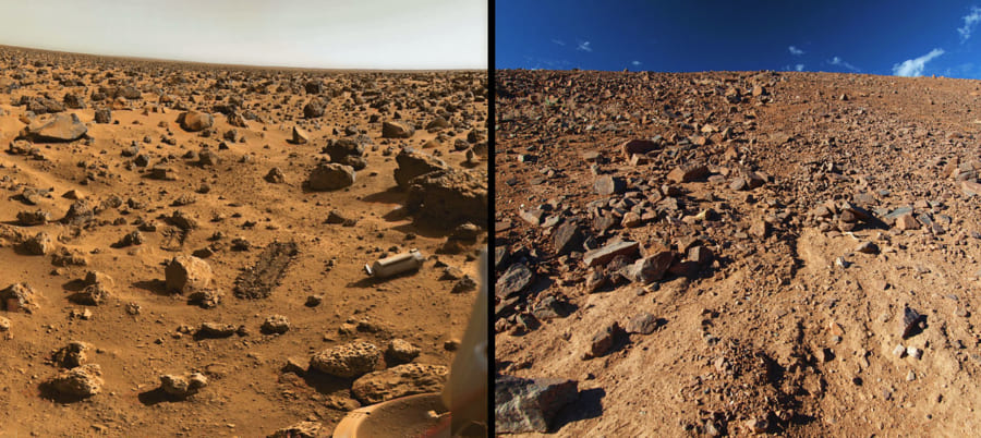 火星と地球の荒野は意外と類似点がある。左が火星、右は地球のチリ、パラナルの荒野。