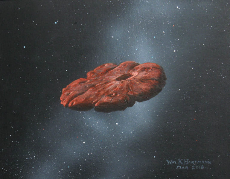 オウムアムアのイメージ。細長い天体という考えもあったが、現在はとても平べったい天体と考えられている。