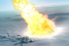 南極大陸に落下した隕石による火柱のアーティストイメージ。