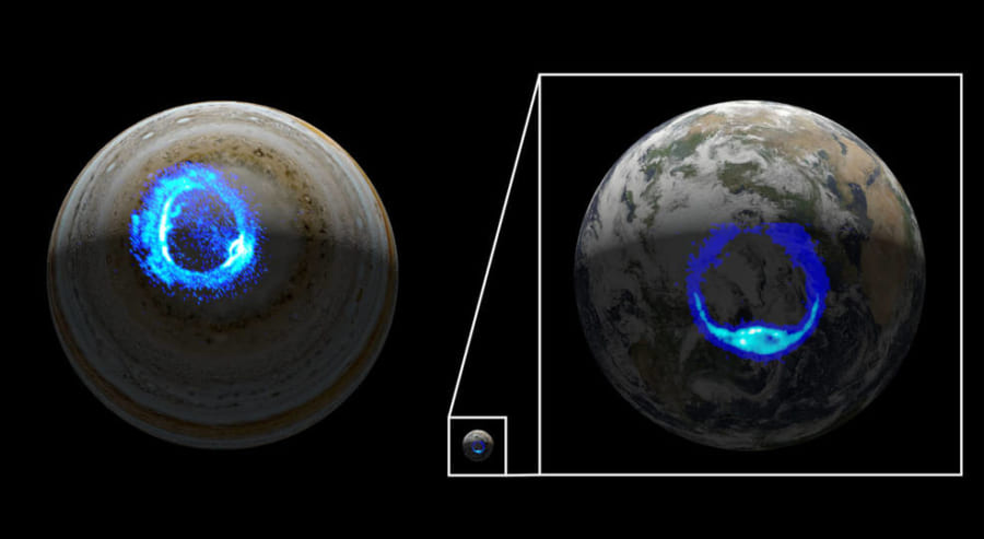 木星オーロラ（左）と拡大した地球のオーロラ（右）
