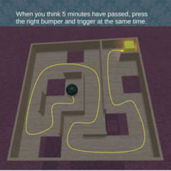 実験に使用された迷路ゲーム。ゴールを示す黄色いラインは内容をわかりやすく伝えるために加えたもので、実際のゲーム画面には表示されていない。