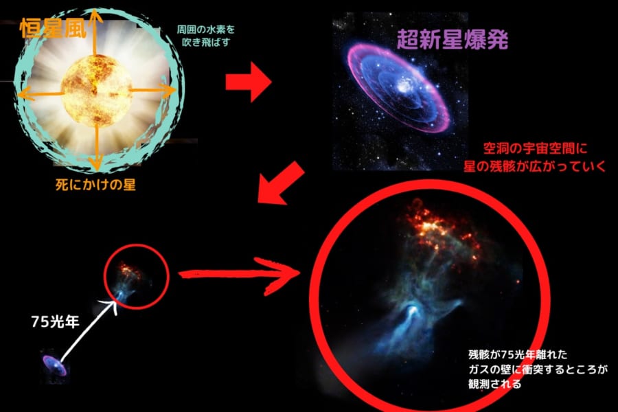 超新星爆発で恒星風がガスを吹き飛ばし、放出された残骸が遠く離れたガスの壁に衝突した
