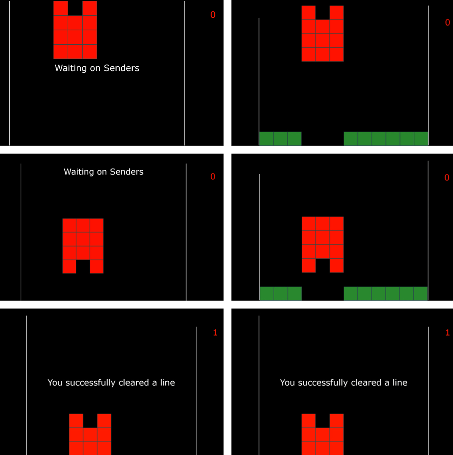 ゲームの一例。受信者となるプレイヤーは左側の画面のみが見えており、送信者となる2人は操作はできませんが左側の画面が見えている。