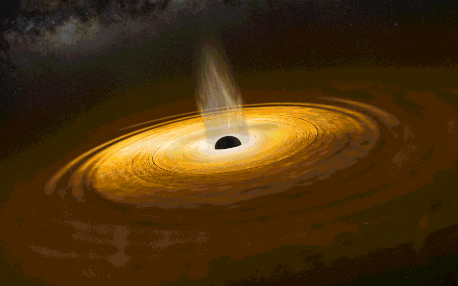 降着円盤から物質が落下すると、ブラックホールは極方向に向けて強力なジェットを噴出する