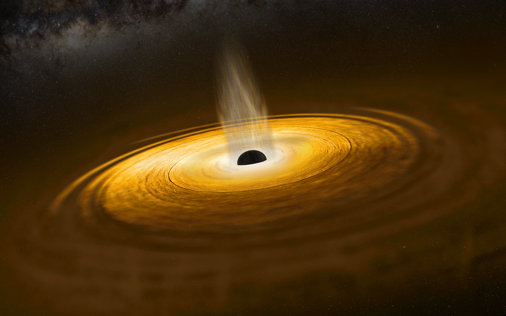 降着円盤から物質が落下すると、ブラックホールは極方向に向けて強力なジェットを噴出する