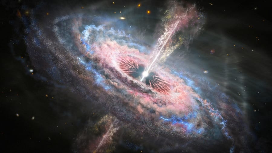 活動銀河核の1種「クエーサー」のイメージイラスト。AGNは周囲のガスや塵がブラックホールに落下したとき大量のエネルギーが放出され輝いている。
