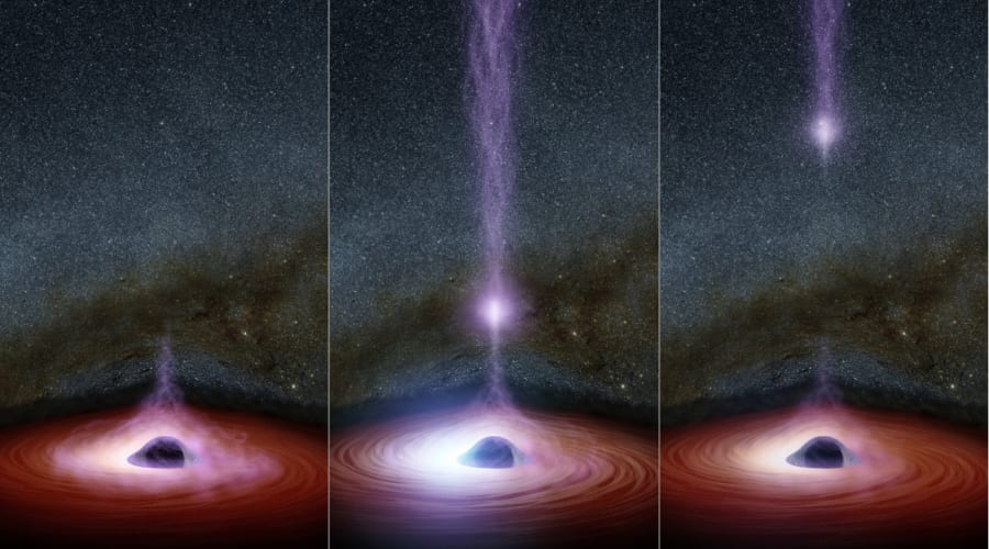 紫に光るのがブラックホールのコロナのイメージ。コロナはブラックホールから離れるとき（画像の中央と右）、一旦内側に集まり明るく輝くフレアを起こします（画像の左）。しかし、なぜコロナのシフトが起きるのかはよくわかっていません。