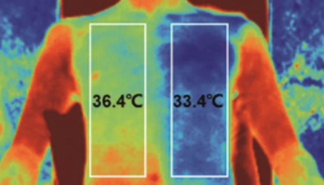 表面温度の差、麺素材（左）とメタファブリック（右）