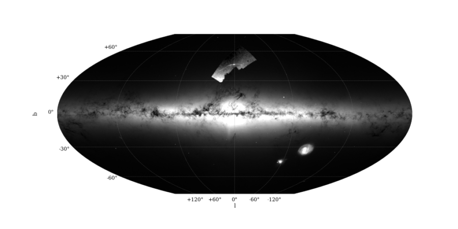 天の川銀河を映したガイアの画像。上部中央に付け足されているのは別の望遠鏡でこの領域を深く観測した画像で、ここにパルマー5とその恒星ストリームが映っている。