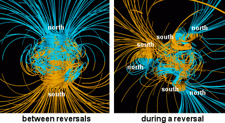 安定した磁場（左）、不安定な時期の磁場（右）。磁場が不安定になると地球の磁場は複雑になり、数千年かけて極が逆転することもある。