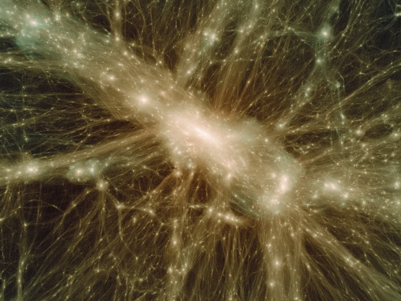 大規模構造の一部を拡大したもの。この画像でも1億光年以上の幅があり輝いている領域には銀河が大量に集まっている