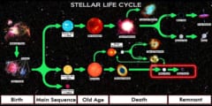 恒星の一生を示した図。赤枠が白色矮星と黒色矮星。