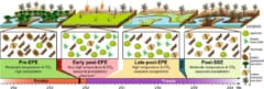 化石から確認された淡水域の生態相。EPEがペルム紀末の絶滅イベント。その後水域はアオコの発生に襲われていた。