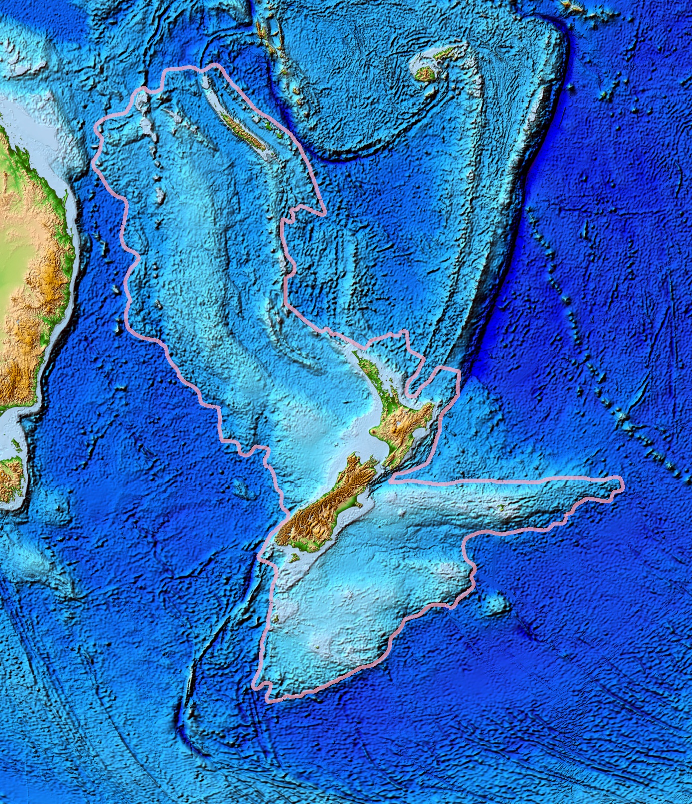 枠線がジーランディアの範囲、中央に浮かぶのがニュージーランド