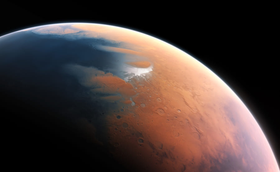 40億年前の火星のアーティストイメージ。この時代の火星は水に覆われていた。
