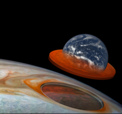 ジュノーが測定した木星大赤斑の大きさと深さを地球との合成で示した図