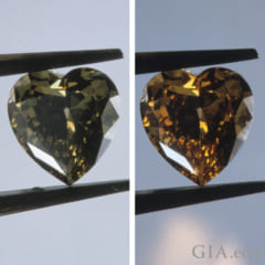 加熱で変化するカメレオンダイヤモンド。（左）加熱前（右）加熱後