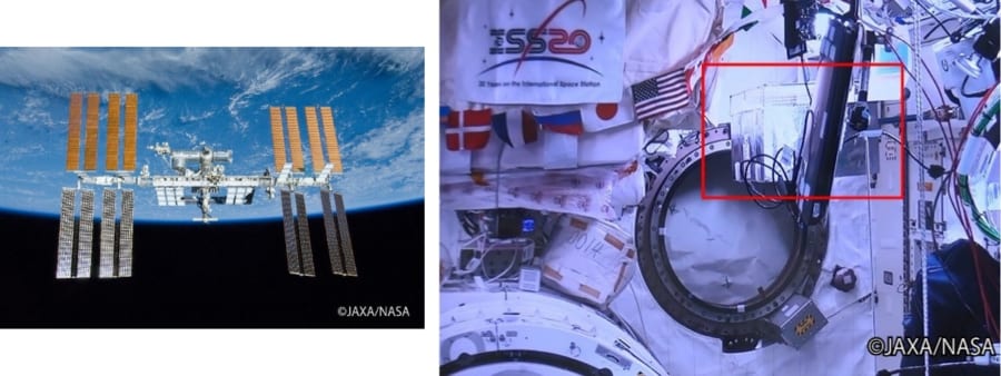 国際宇宙ステーション（ISS）（左）と「きぼう」内の実験装置の設置場所（右）