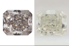 液体窒素で極度に冷却すると色が変化するダイヤモンド。（左）冷却前は灰色, （右）冷却後は黄色