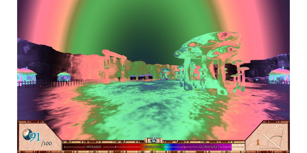 光速度の低下した世界を再現するゲーム「A Slower Speed of Light」のゲーム画面。光のドップラー効果が実際に色彩に影響している。