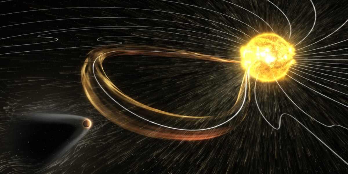 太陽風と火星磁気のアーティストイメージ