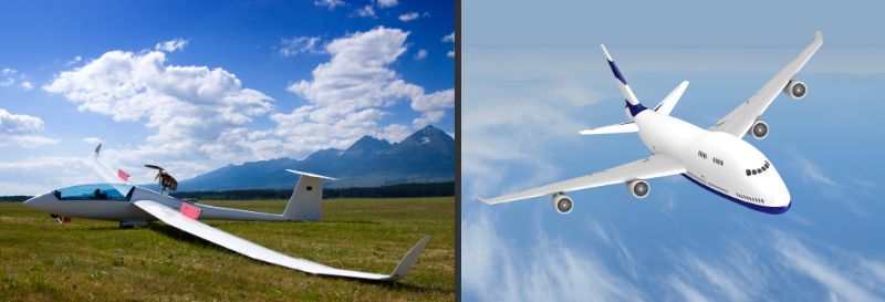 （左）グライダー。胴体が小さく翼が長い（右）飛行機。胴体が大きく重い
