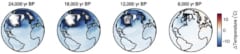 2万4000年前までさかのぼった地球のさまざまな機関の平均表面温度を示した地図。青が濃いほど寒い。