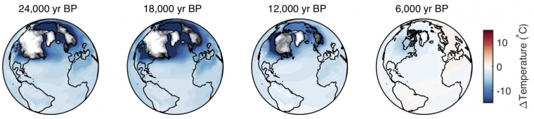 2万4000年前までさかのぼった地球のさまざまな機関の平均表面温度を示した地図。青が濃いほど寒い。