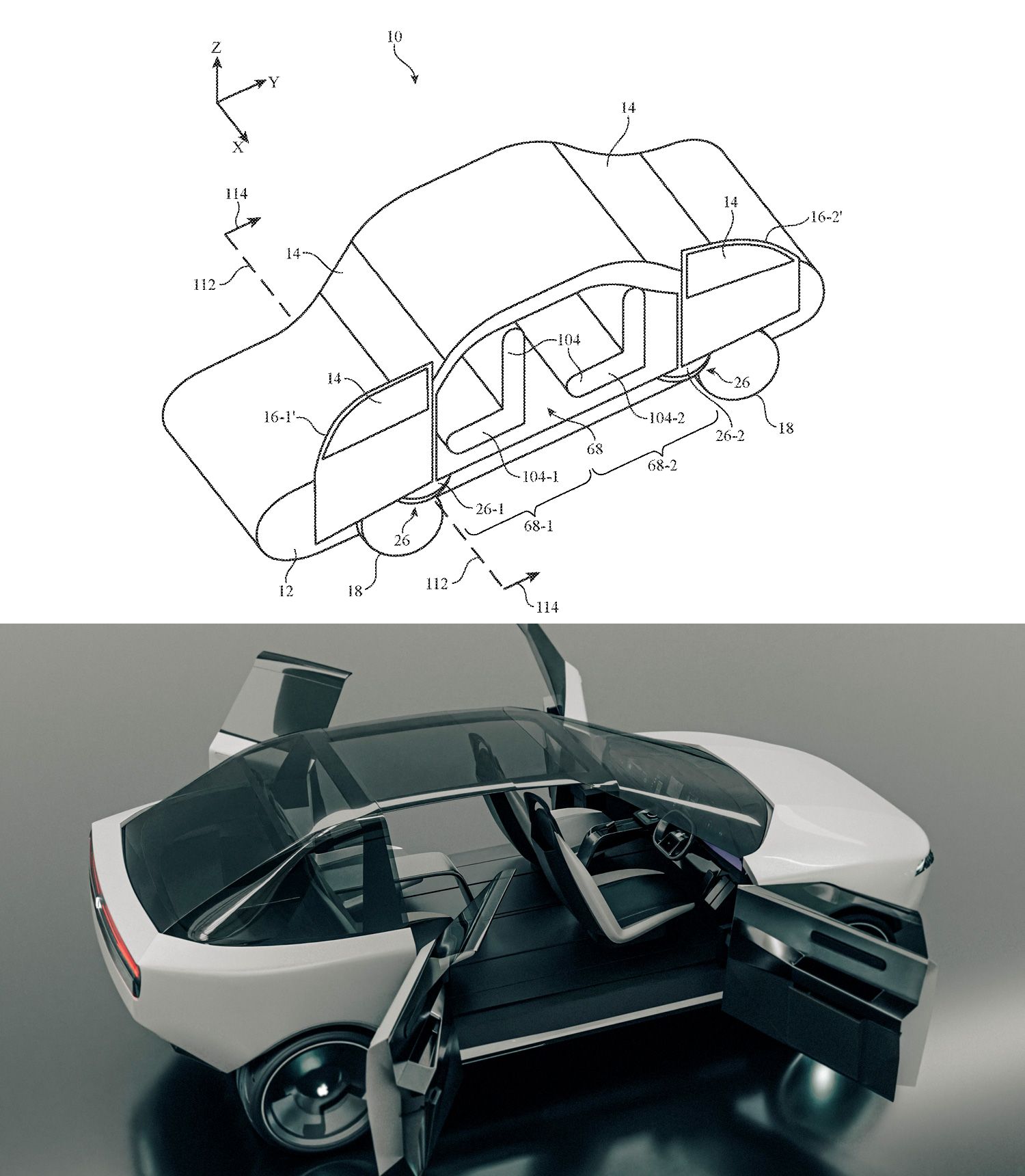 （上）Appleの特許画像, （下）特許を元にVanarama社が推測したデザイン