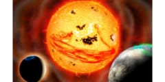 若い太陽型星「りゅう座EK星」で、スーパーフレアの発生に伴い巨大なフィラメント噴出が起こる様子の想像図